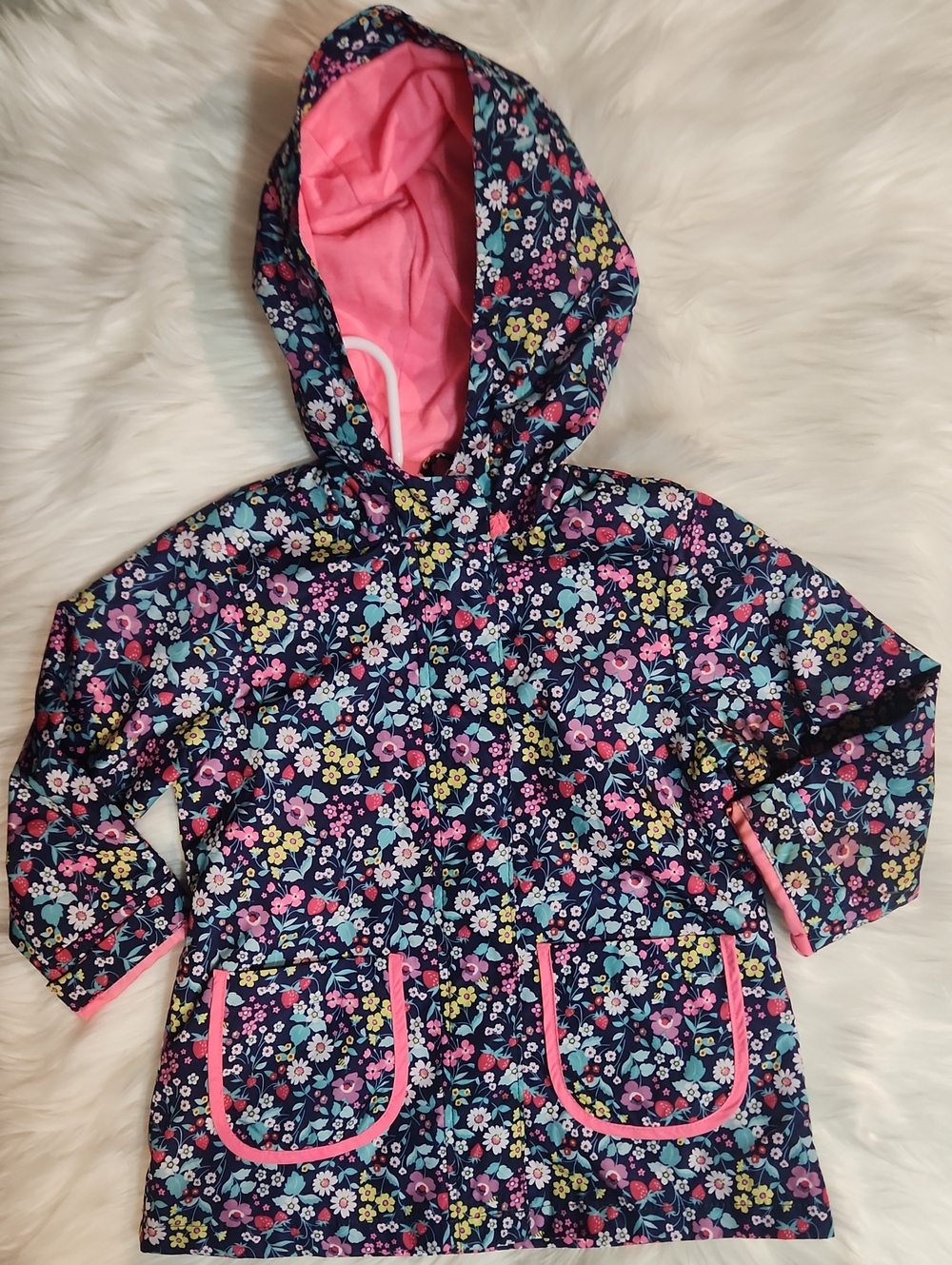 Kids Floral Hooded Raincoat Jacket - Pink & Navy - Girls Size: 3T